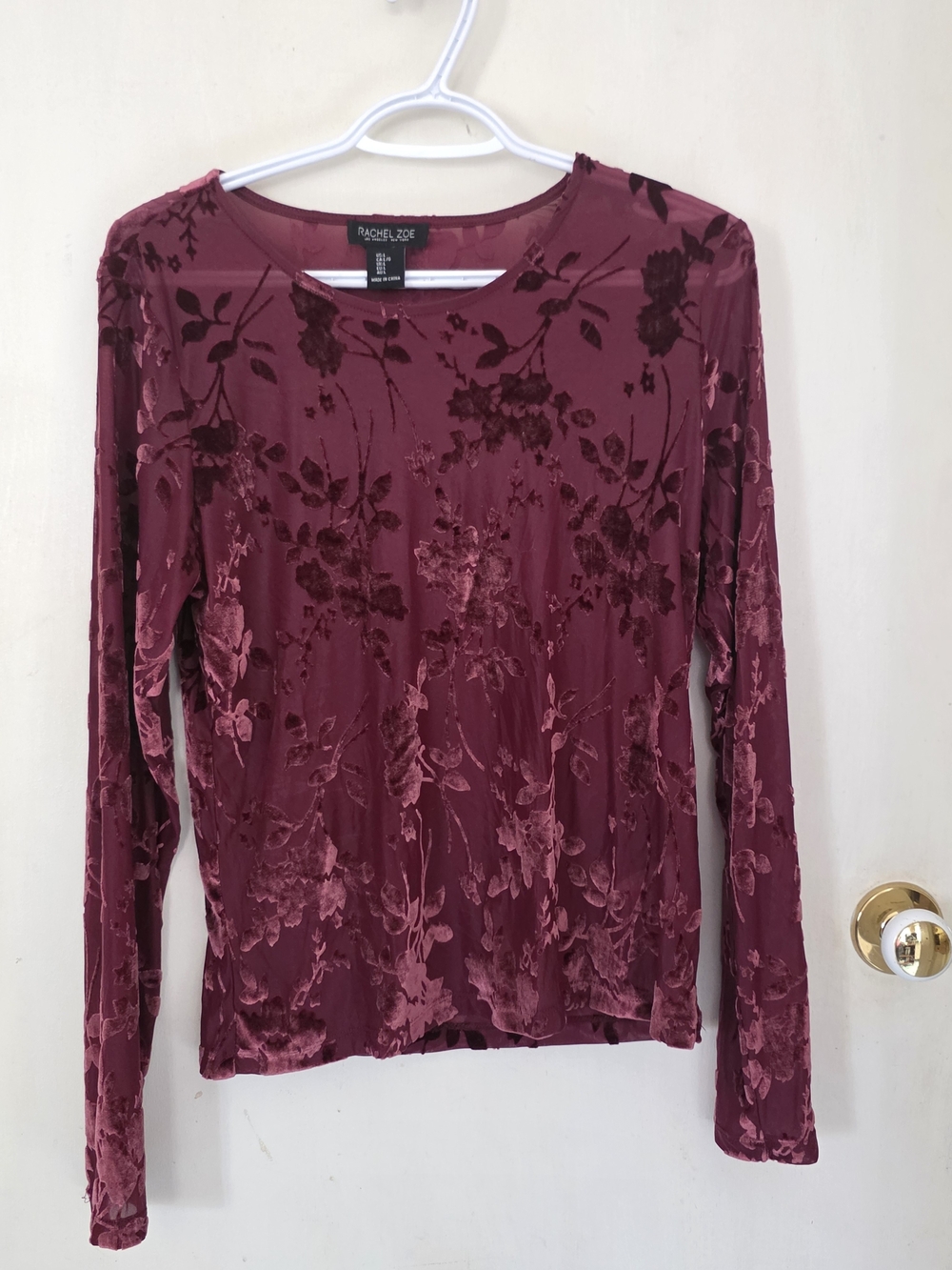 Rachel Zoe Wine Floral Burnout Long-Sleeve Top